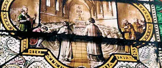 Vitral del interior de la iglesia con la representación del Milagro